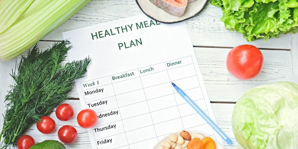 meal plan for a week on a table among tomatoes, fish, nuts, greens and avocado.